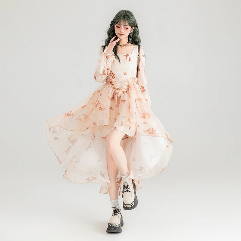 【裾取り外し可能な2重スカート】フェアリー花柄スクエアネックワンピース2024夏休みトレーリングプリンセスドレス