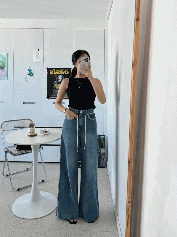 ジョイ ハイウエスト ふさ付き ロープ ワイド デニム パンツ S M L