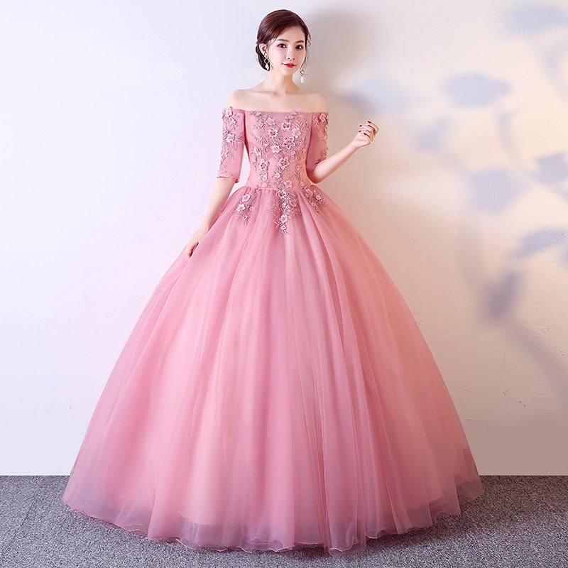 ロングドレス 演奏会 カラードレス ピンク 花嫁 結婚式 イブニングドレス 二次会 中袖 ドレス 発