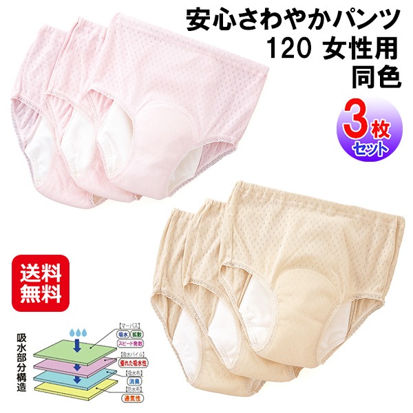 【安心さわやかパンツ120 女性用 同色3枚組】軽失禁パンツ 尿漏れパンツ 女性 大容量 吸水量120cc M L LL サイズ 吸水 失禁ショーツ 婦人 ショー