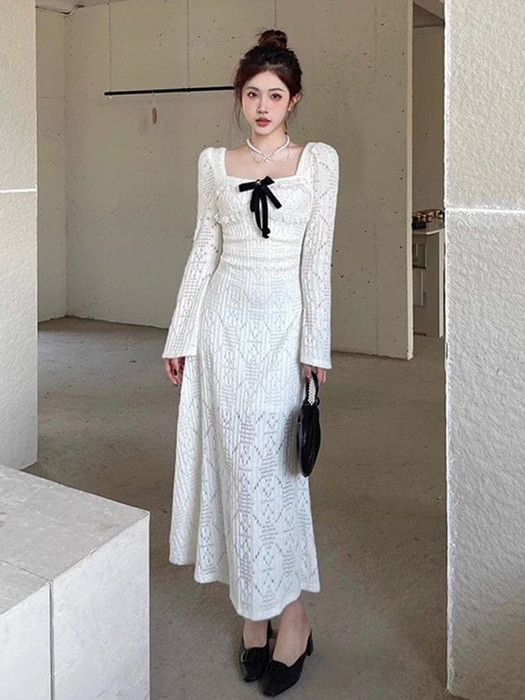 2024/早春/新品/小物/香水/ホワイト/ドレス/レディース/ティーブレイク/フレンチ/スクエアネック/テンパメント/ロングドレス