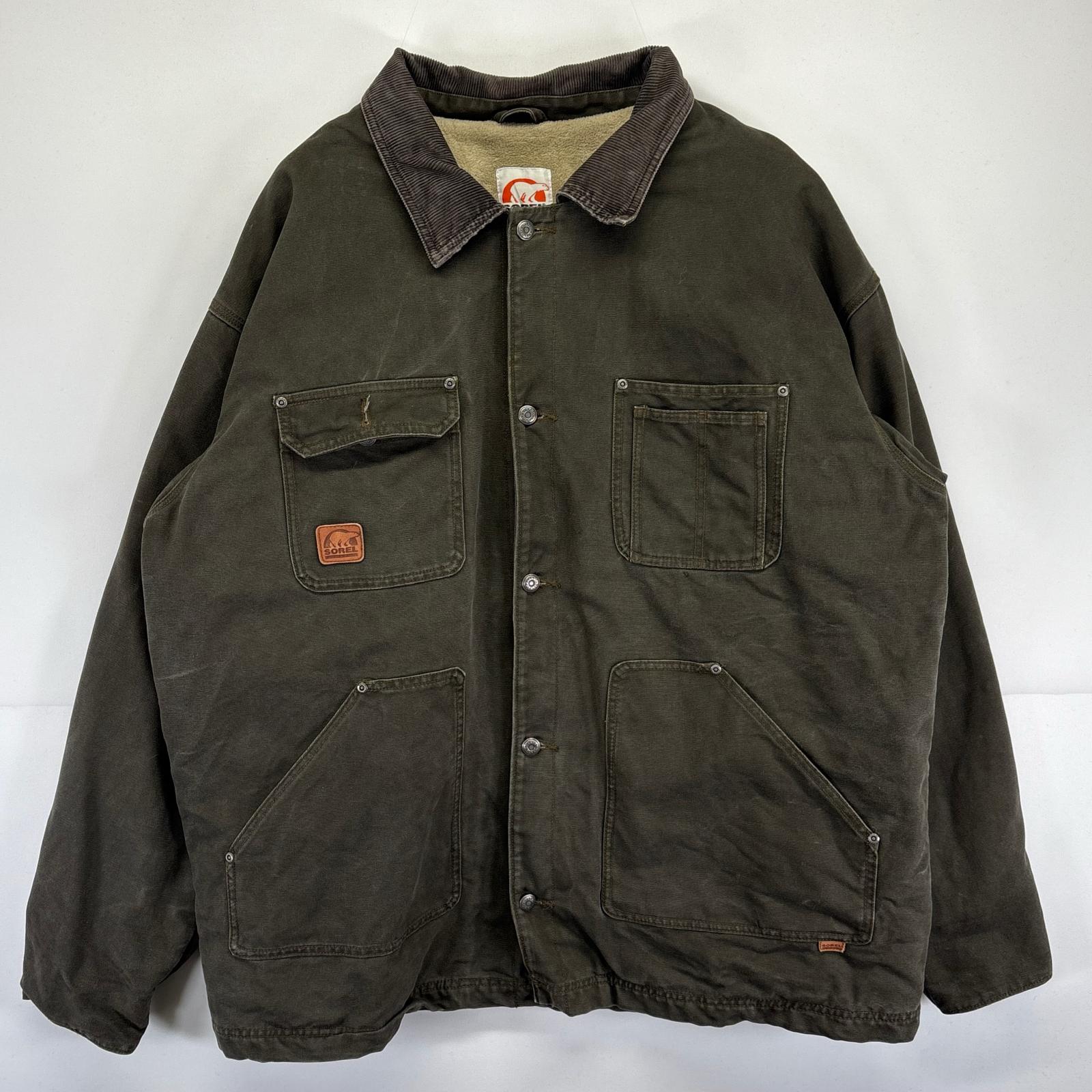 古着 SOREL ワークジャケット 大きいサイズ カバーオール ダック地 ワンポイントロゴ 2XL グリーン系 メンズ