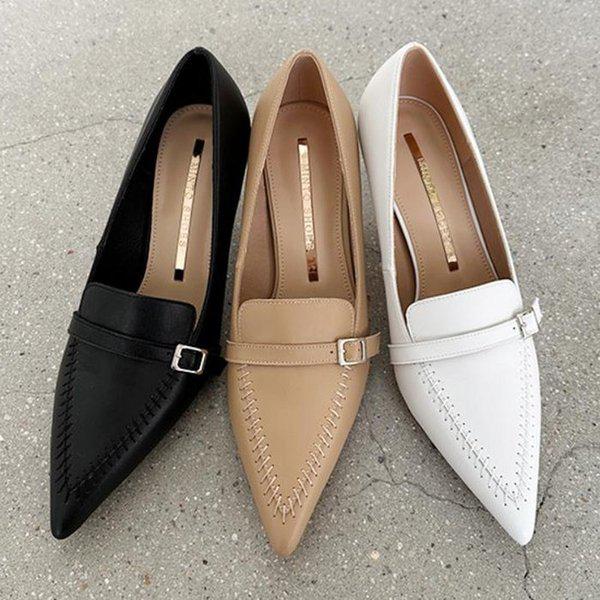 女性牛革ステッチバックルローファーミドルヒール
