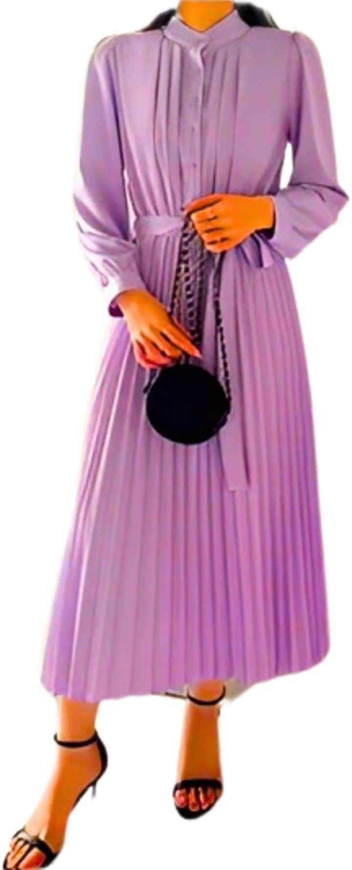 上品 プリーツ ロング ワンピース レディース 長袖 きれいめ ハイウエスト ドレス ロングワンピ フォーマル セミフォーマル リボン ロング丈 大きいサイズ(パープル, 2XL)