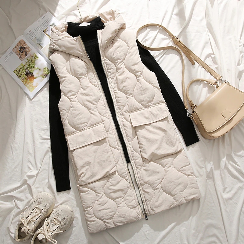 キルティングコートロングベスト中綿コートロングコート冬レディーストップスロングコートパーカー羽織ジップアップ体型カバー秋30