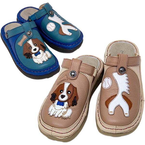 estacion エスタシオン TGE241-1B レディース サボサンダル 本革 2WAY 犬 ワンちゃんモチーフ 左右非対称 内側ゴム アニマル かわいい ウエッジソール 可動式ストラップ