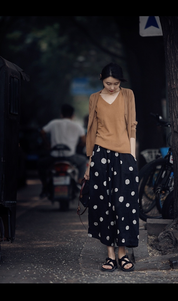 ユニークな織り秋ドット プリント リネン 9 点ゴム ウエスト ワイド レッグ パンツ カジュアル ストレート パンツ文学女性 母の日