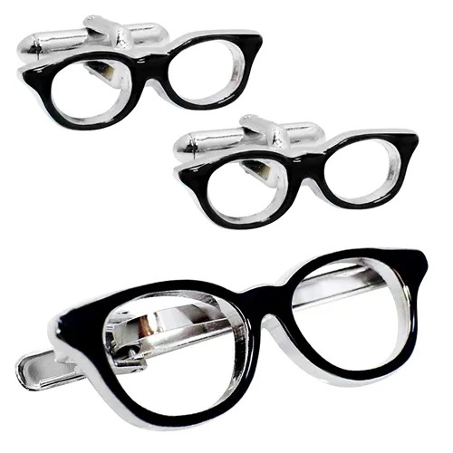 SWANK カフス ネクタイピン セット 黒ぶちメガネ カフスボタン カフリンクス タイバー タイクリップ