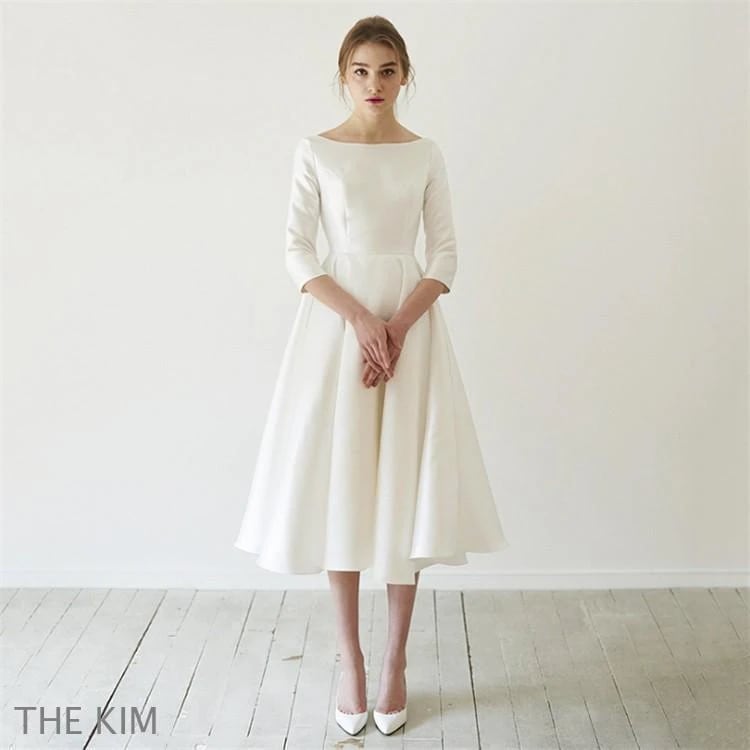 パーティードレス 袖あり 結婚式 ワンピース ドレス サテン aライン ミディアム丈 ミモレ丈 フォーマル 白 フレア 大きいサイズ コーデ お呼ばれ 二次会 発表会