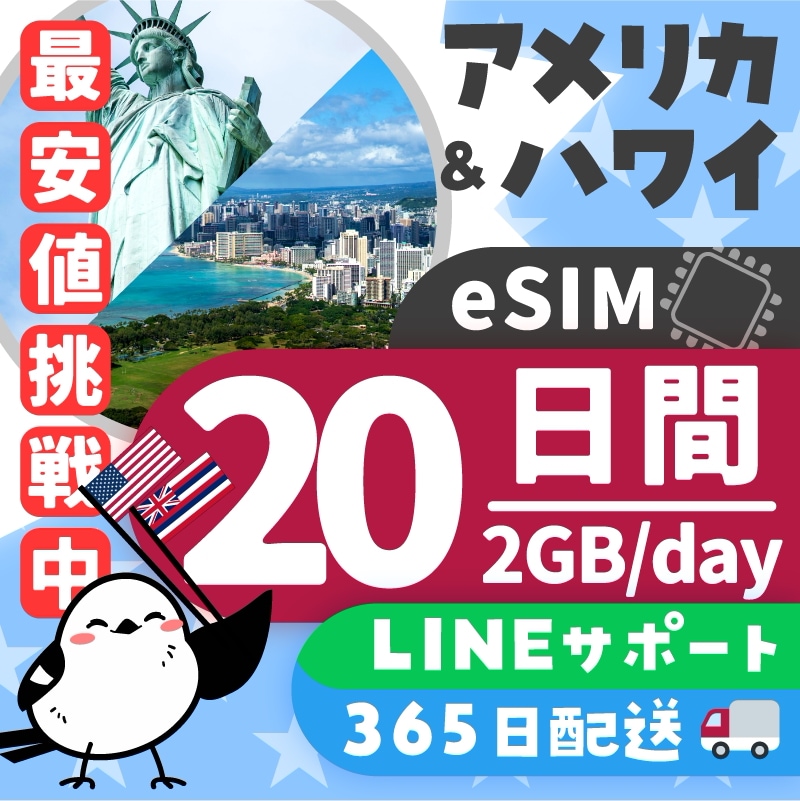 【アメリカ＆ハワイeSIM】簡単設定／使用日数：２０日間／データ容量：２GB（day）／有効期限90日／最短即日発行／データ通信専用