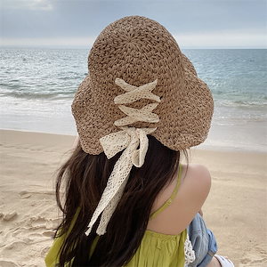 麦わら帽子の女性レースの蝶結びの透かし彫りのかぎ針帽子の夏の日よけの日よけの太陽の帽子の折り畳み可能な盆帽