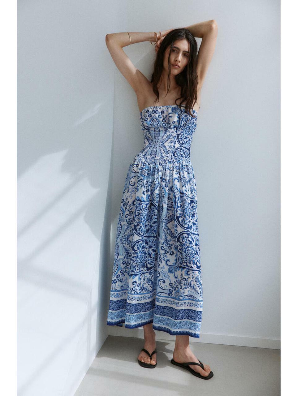 H&M スモーキングストラップレスドレスブルーペイズリー柄 1351769001