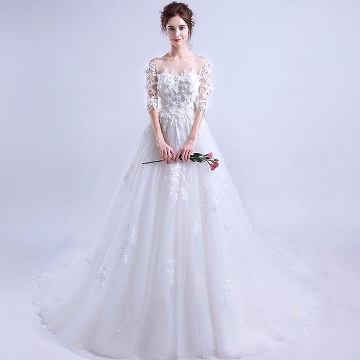 ウェディングドレス ウエディングドレス 5分袖 プリンセスライン 花嫁 ロングドレス 花 ブライダル 結婚式 二次会 トレーン 披露宴 ホワイト フラワー 袖あり