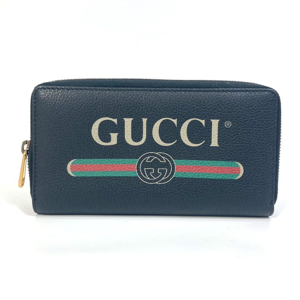 長財布 496317 GUCCI ロゴプリント シェリーライン ラウンドファスナー レザー ブラック
