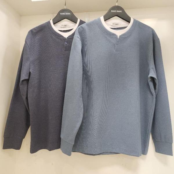 HC15 春 ビッグサイズ ベーシック ヘンリーネック 袖リブ スパン 長袖 Tシャツ ,1 (S45730827)