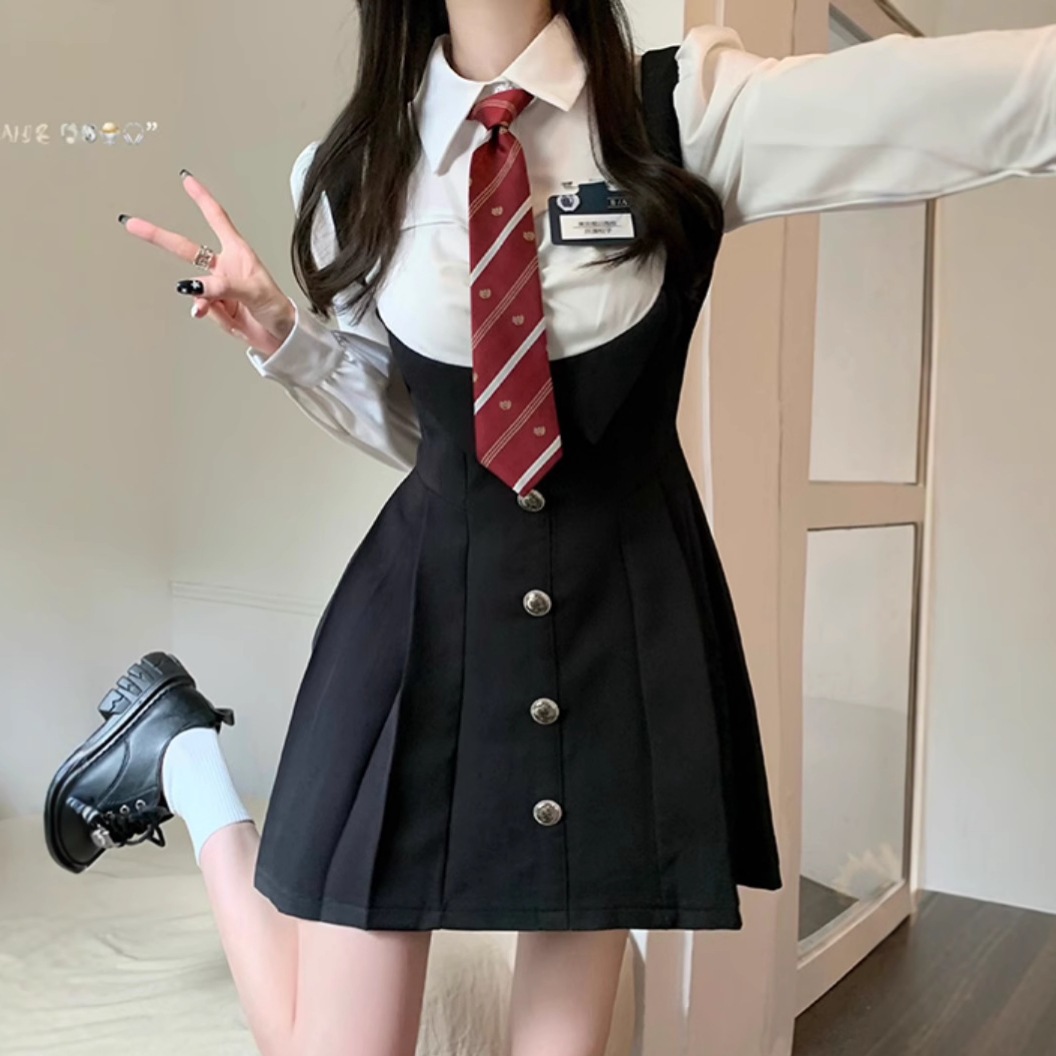 学院風 ツーピース風 シャツ ワンピース レディース ウエストマーク スタイルアップ ワンピース プリーツ ミニスカート