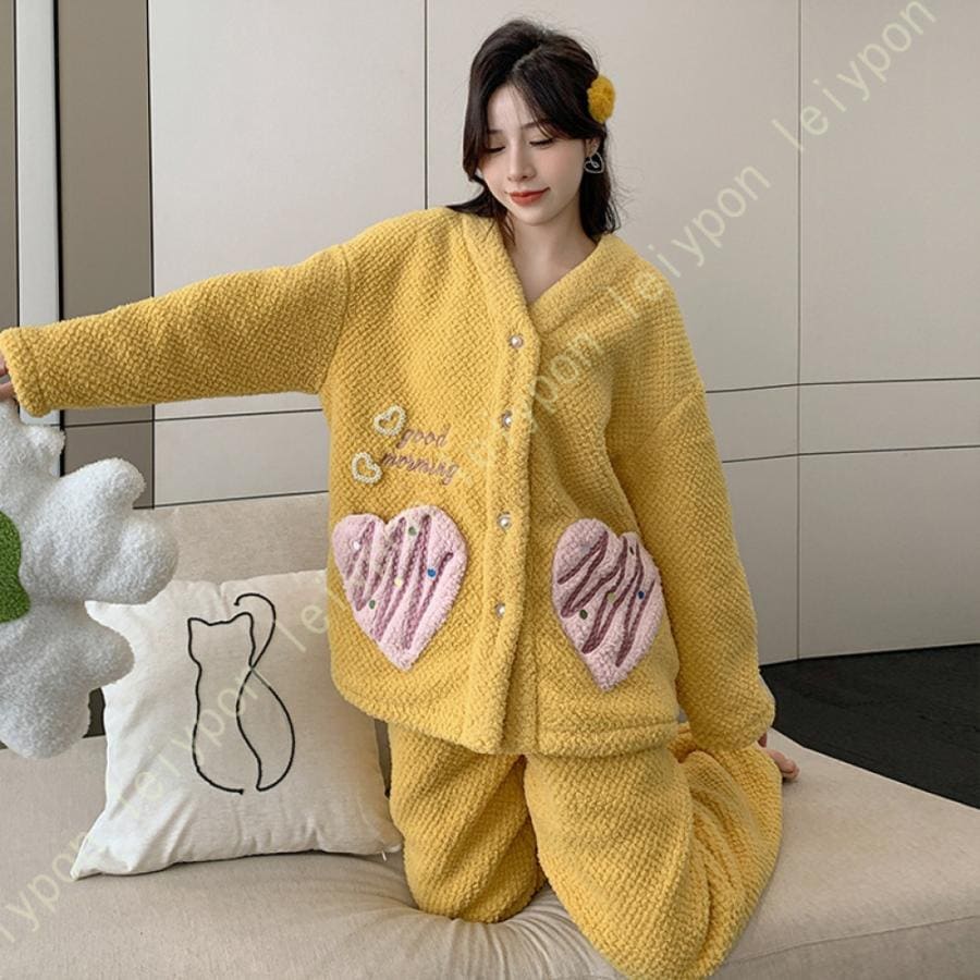 ハート パジャマ レディース 冬 フランネル ルームウェア レディース 前開き 起毛 2点セット 上下セット セットアップ 厚手 暖かい もこもこ パンツ 長袖