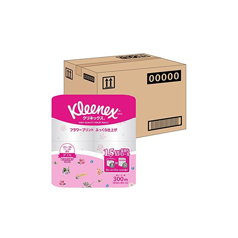 【即納】【ケース販売】 クリネックス プリント 長持ち(8ロールで12ロール分)トイレット 37.5mダブル フローラルハーブの香り 8パック入り
