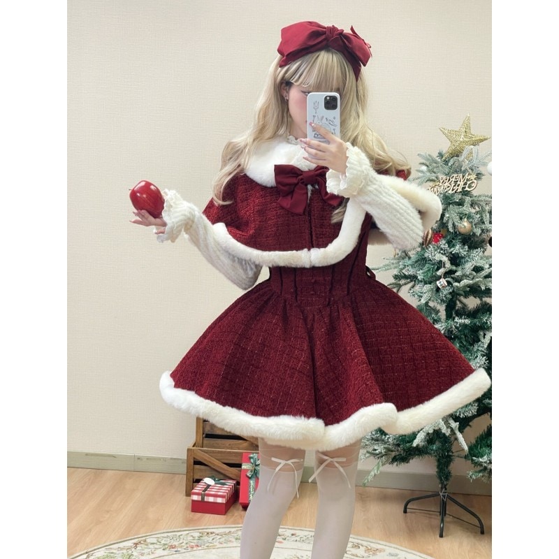 望ましいクリスマス新年レッドタバードリボン付きケープコートニットトップリボン付きサスペンダースカートスーツ