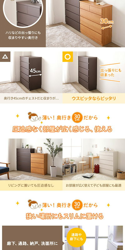 頑丈薄型チェスト/収納棚5段幅60cmホワイト木目調奥行30cm日本製