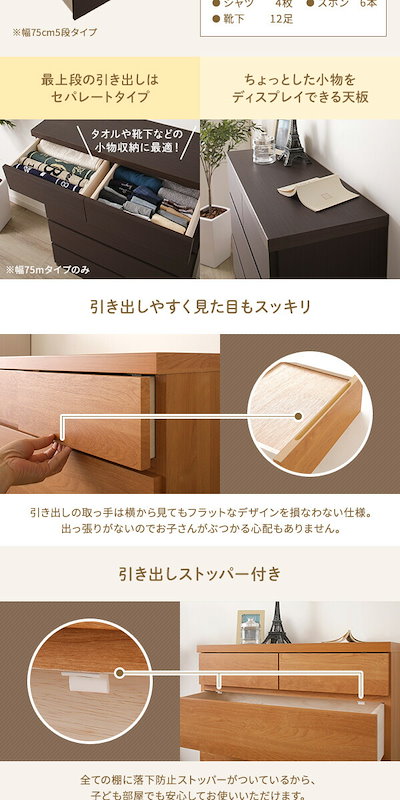 頑丈薄型チェスト/収納棚5段幅60cmホワイト木目調奥行30cm日本製
